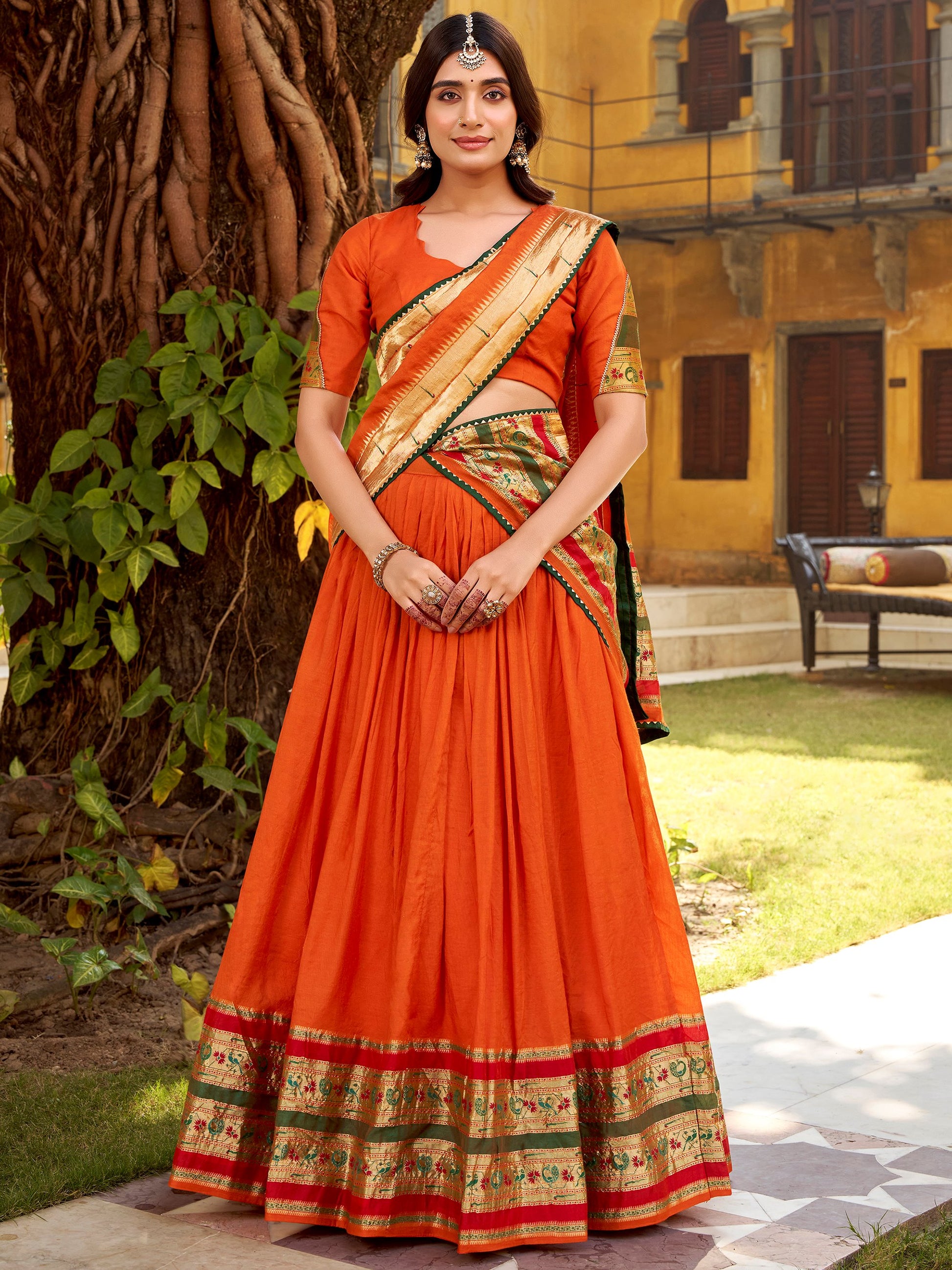 Beautiful Orange Zari Weaving Chanderi Festive Wear Half Saree Lehenga With Dupatta