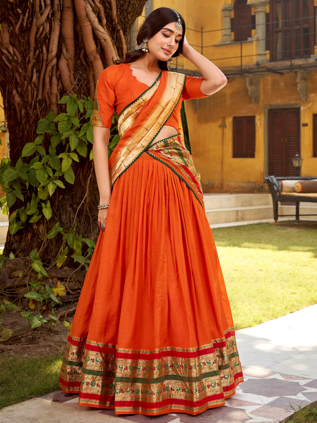 Beautiful Orange Zari Weaving Chanderi Festive Wear Half Saree Lehenga With Dupatta