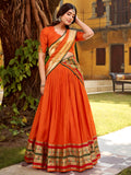 Beautiful Orange Zari Weaving Chanderi Festive Wear Half Saree Lehenga With Dupatta