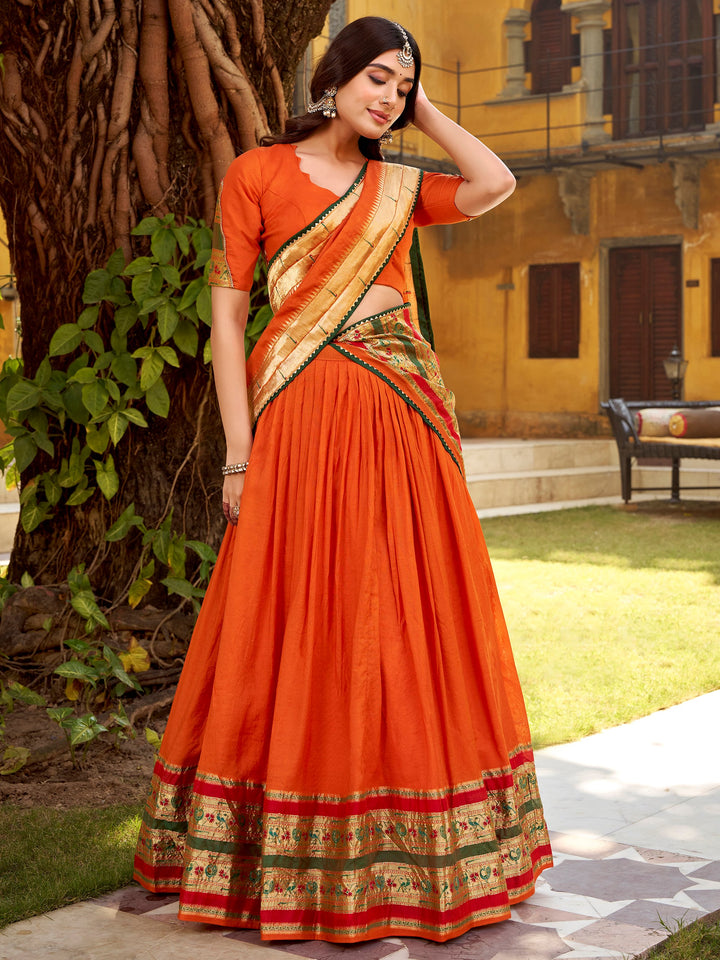 Beautiful Orange Zari Weaving Chanderi Festive Wear Half Saree Lehenga With Dupatta