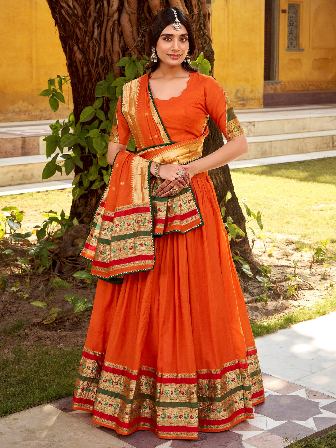 Beautiful Orange Zari Weaving Chanderi Festive Wear Half Saree Lehenga With Dupatta