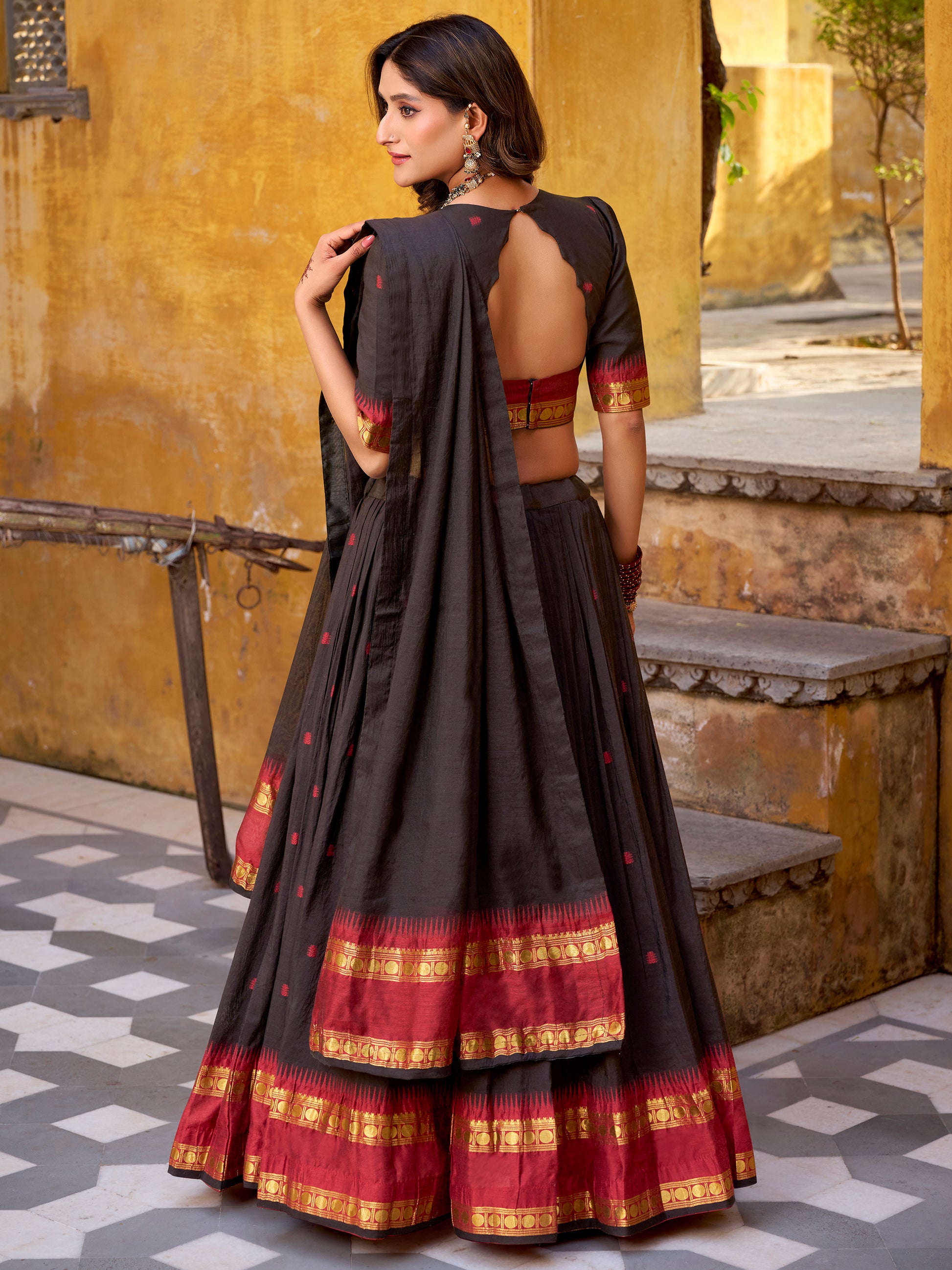 Attractive Black Zari Weaving Chanderi Event Wear Half Saree Lehenga