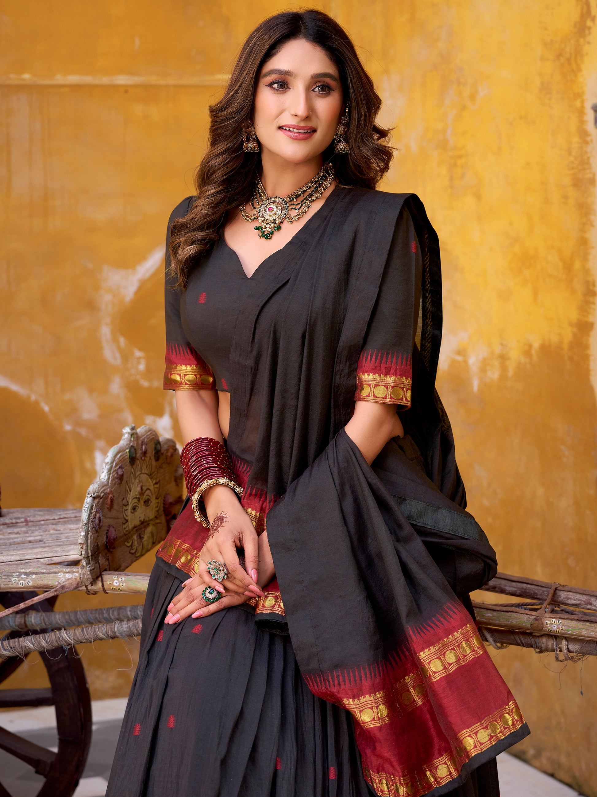 Attractive Black Zari Weaving Chanderi Event Wear Half Saree Lehenga