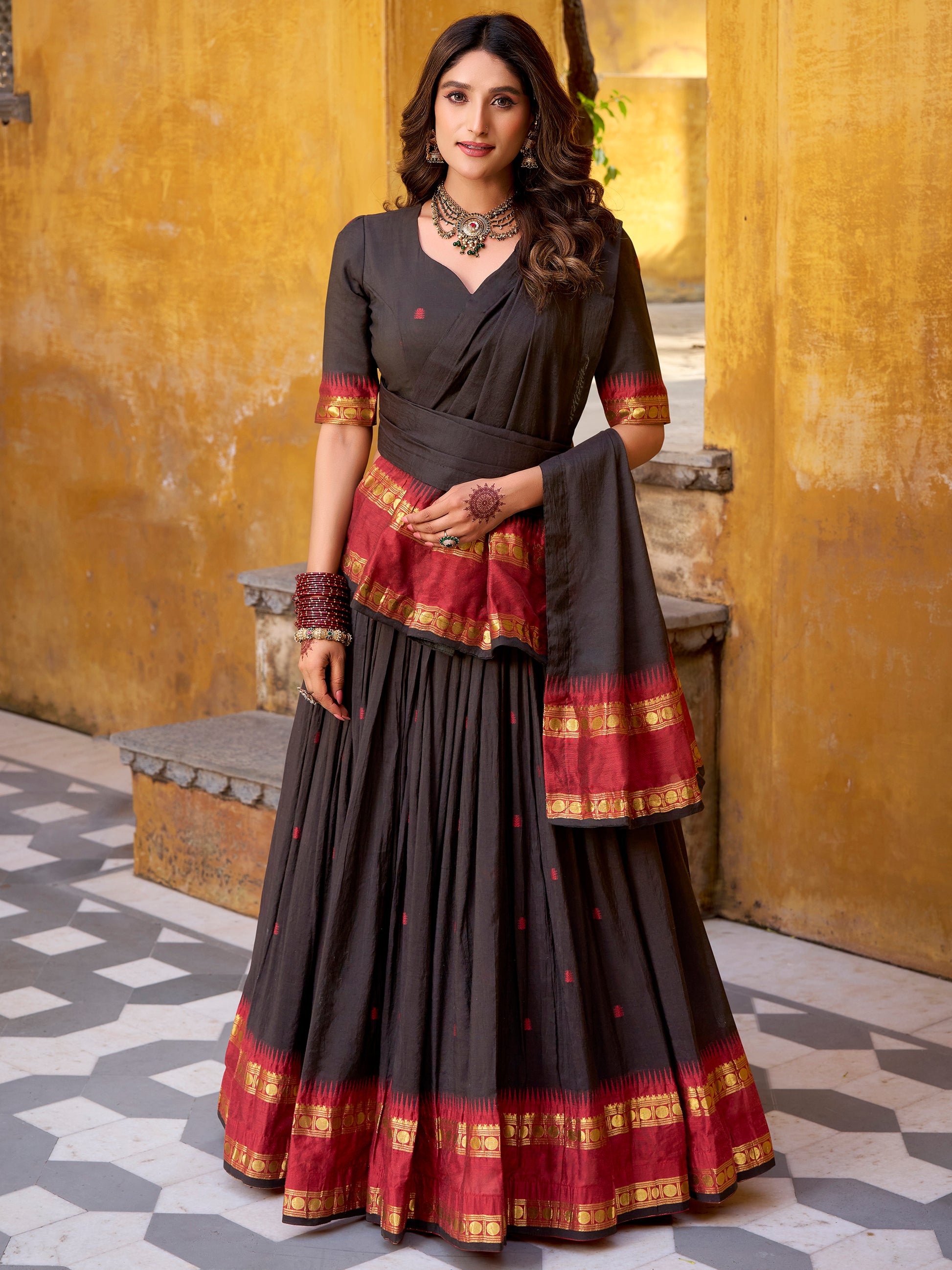Attractive Black Zari Weaving Chanderi Event Wear Half Saree Lehenga