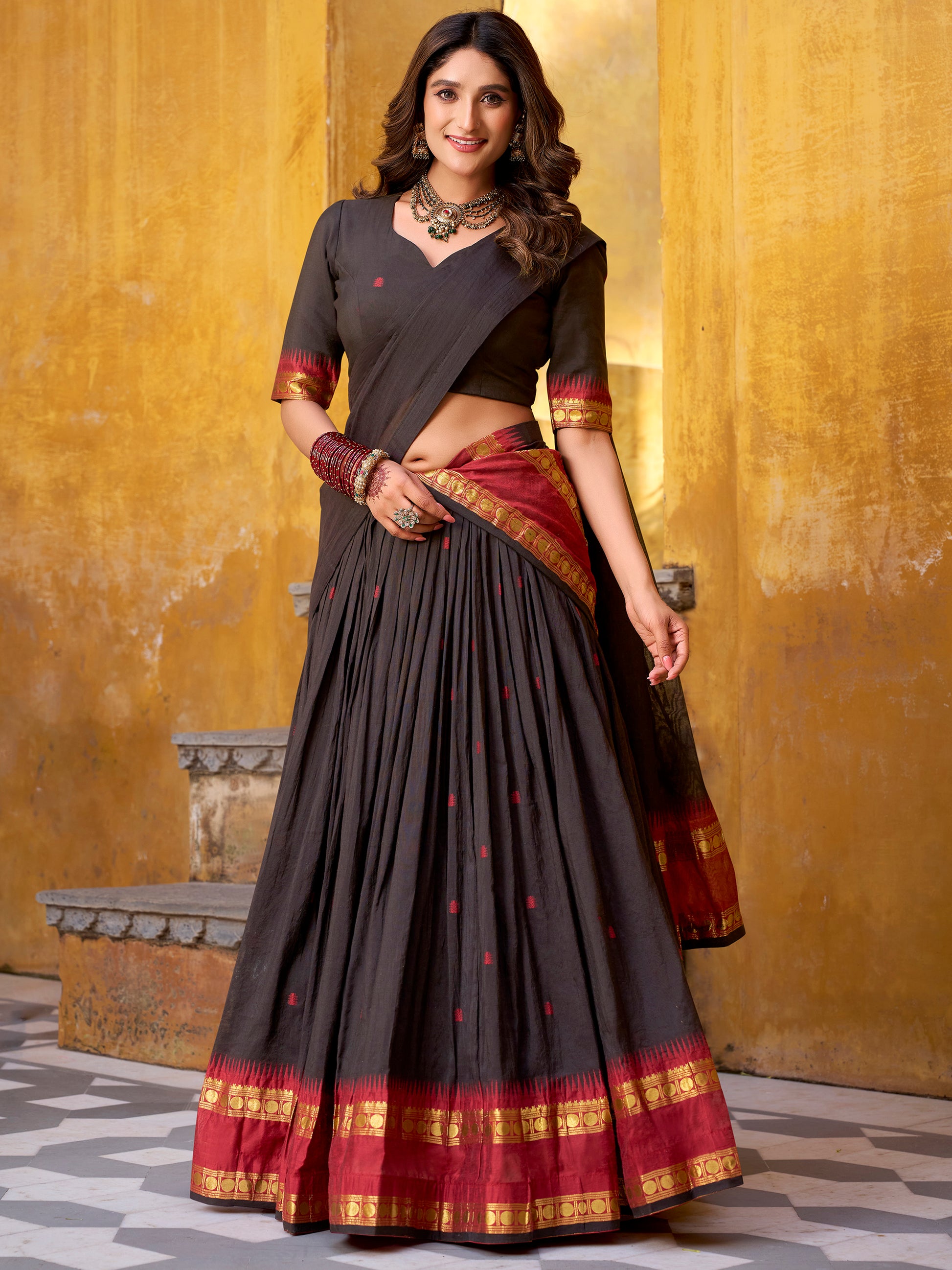 Attractive Black Zari Weaving Chanderi Event Wear Half Saree Lehenga