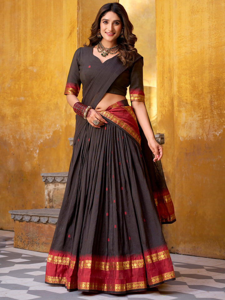 Attractive Black Zari Weaving Chanderi Event Wear Half Saree Lehenga