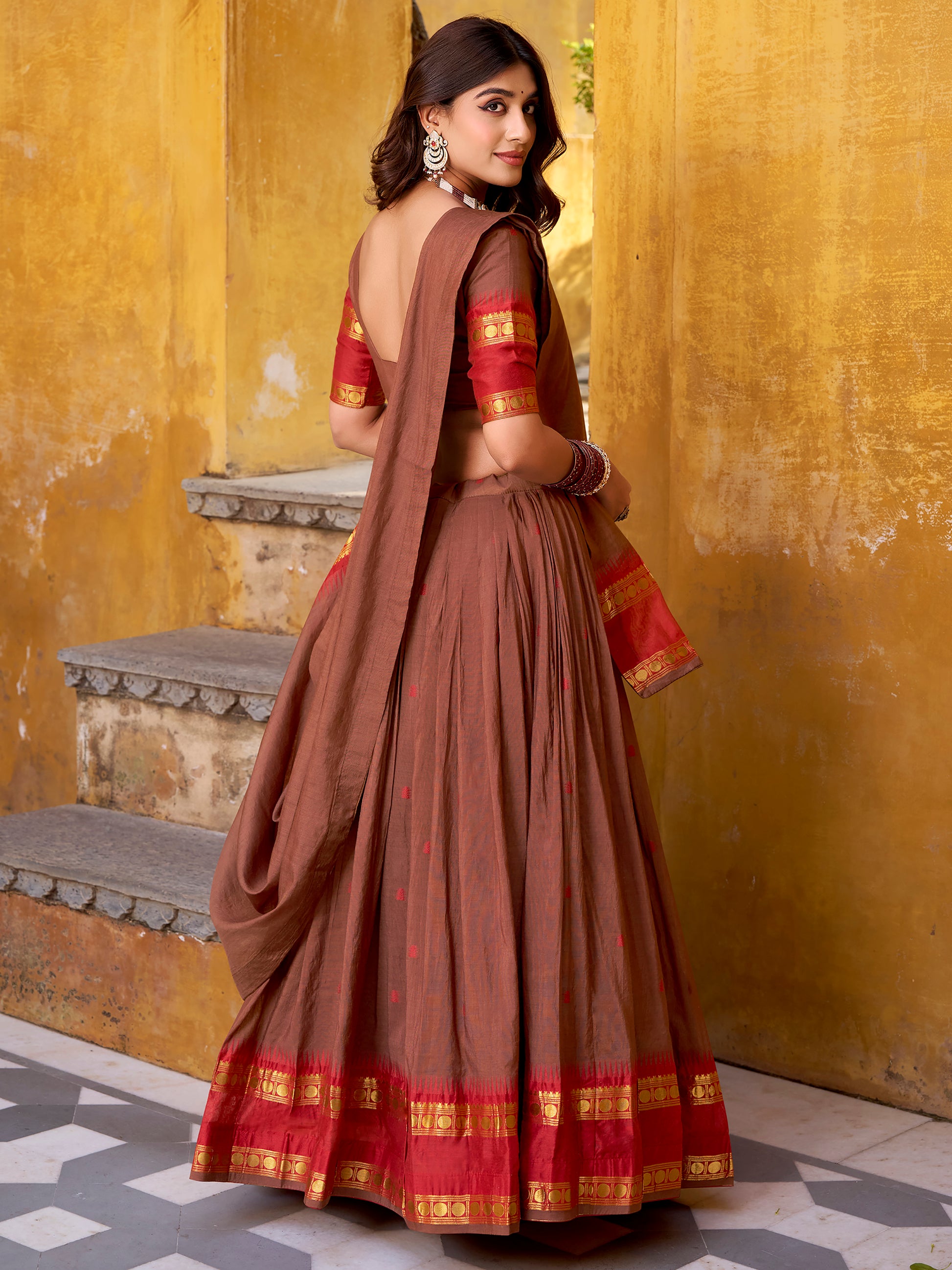 Lovely Brown Zari Weaving Chanderi Traditional Half Saree Lehenga
