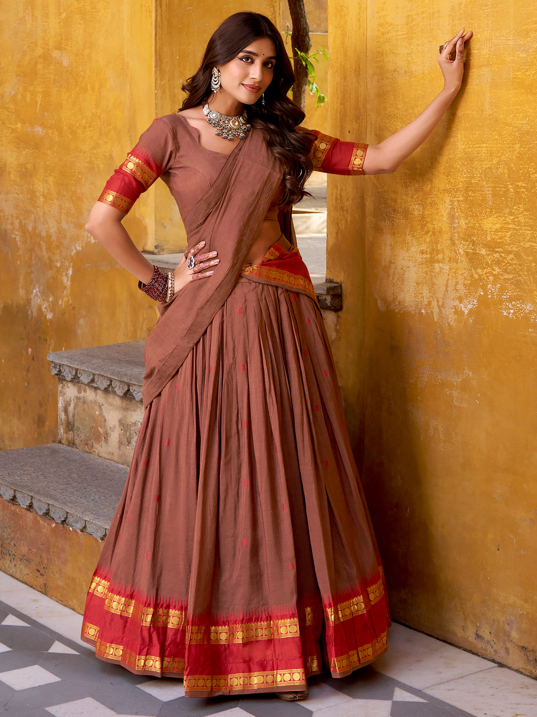 Lovely Brown Zari Weaving Chanderi Traditional Half Saree Lehenga