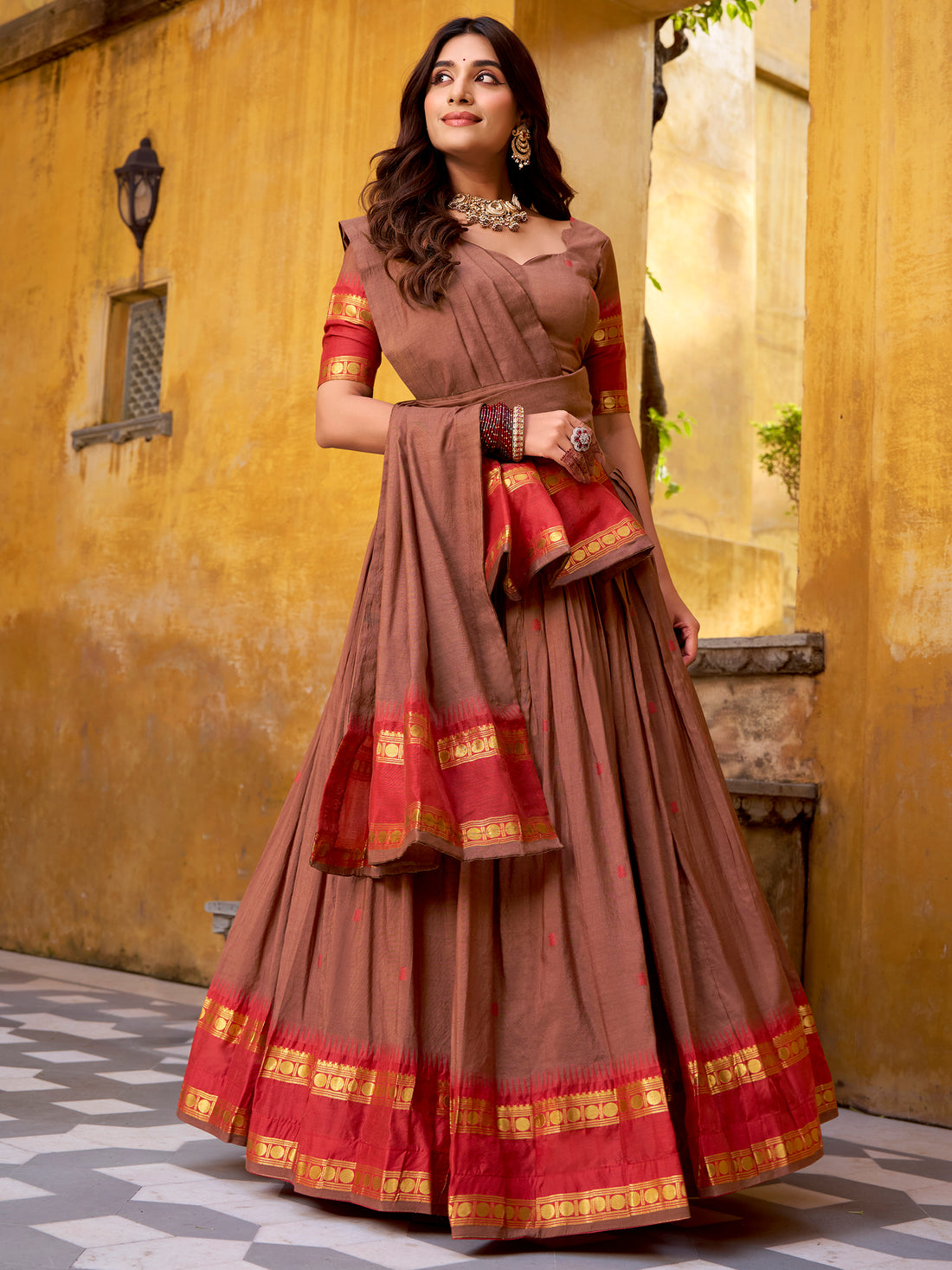 Lovely Brown Zari Weaving Chanderi Traditional Half Saree Lehenga
