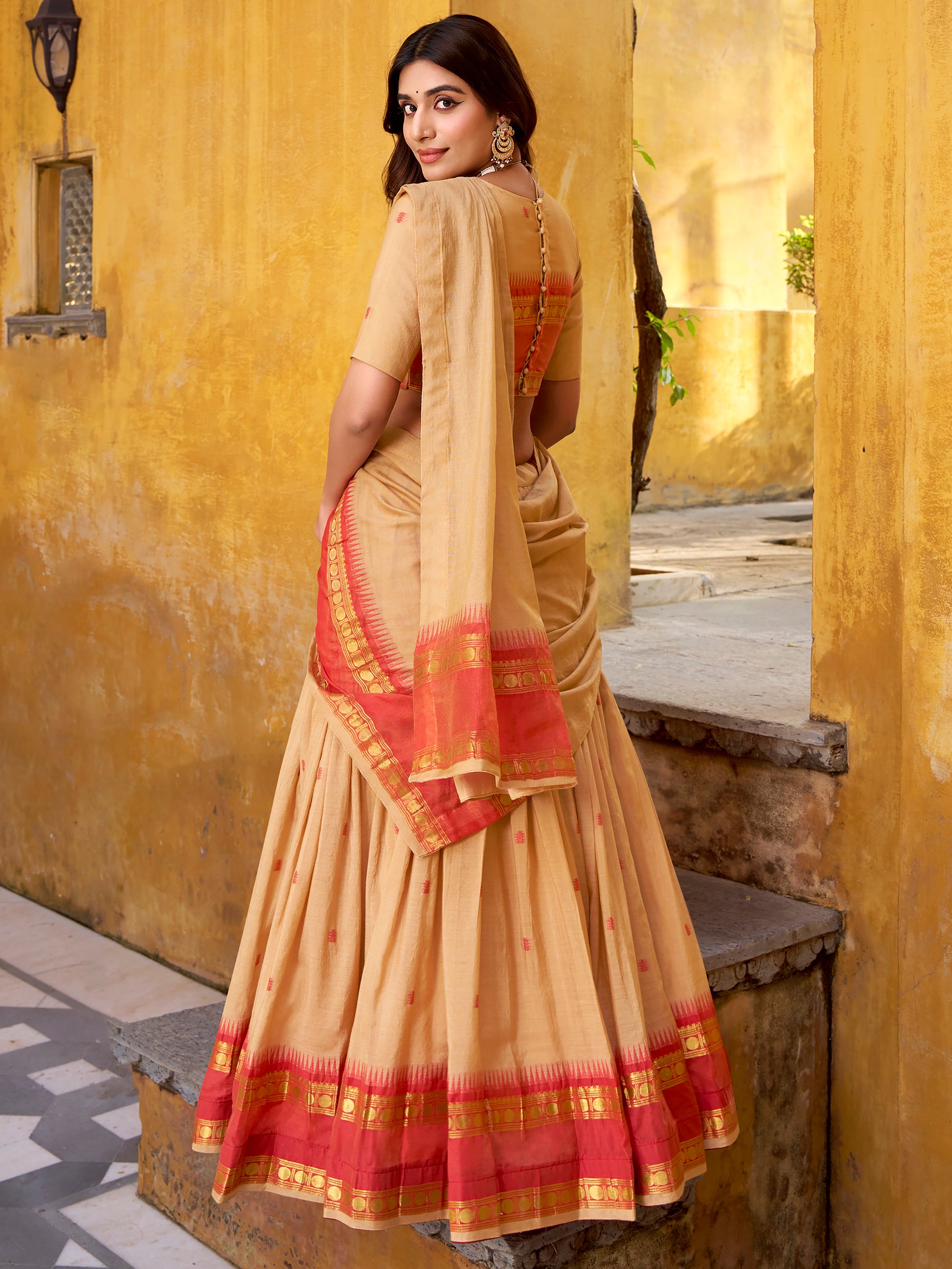Incredible Cream Zari Weaving Chanderi Festival Wear Half Saree Lehenga