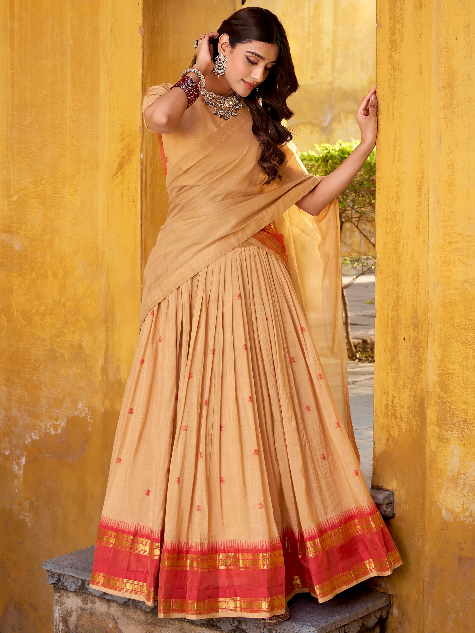 Incredible Cream Zari Weaving Chanderi Festival Wear Half Saree Lehenga