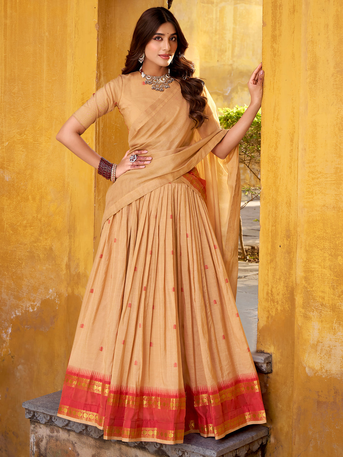 Incredible Cream Zari Weaving Chanderi Festival Wear Half Saree Lehenga