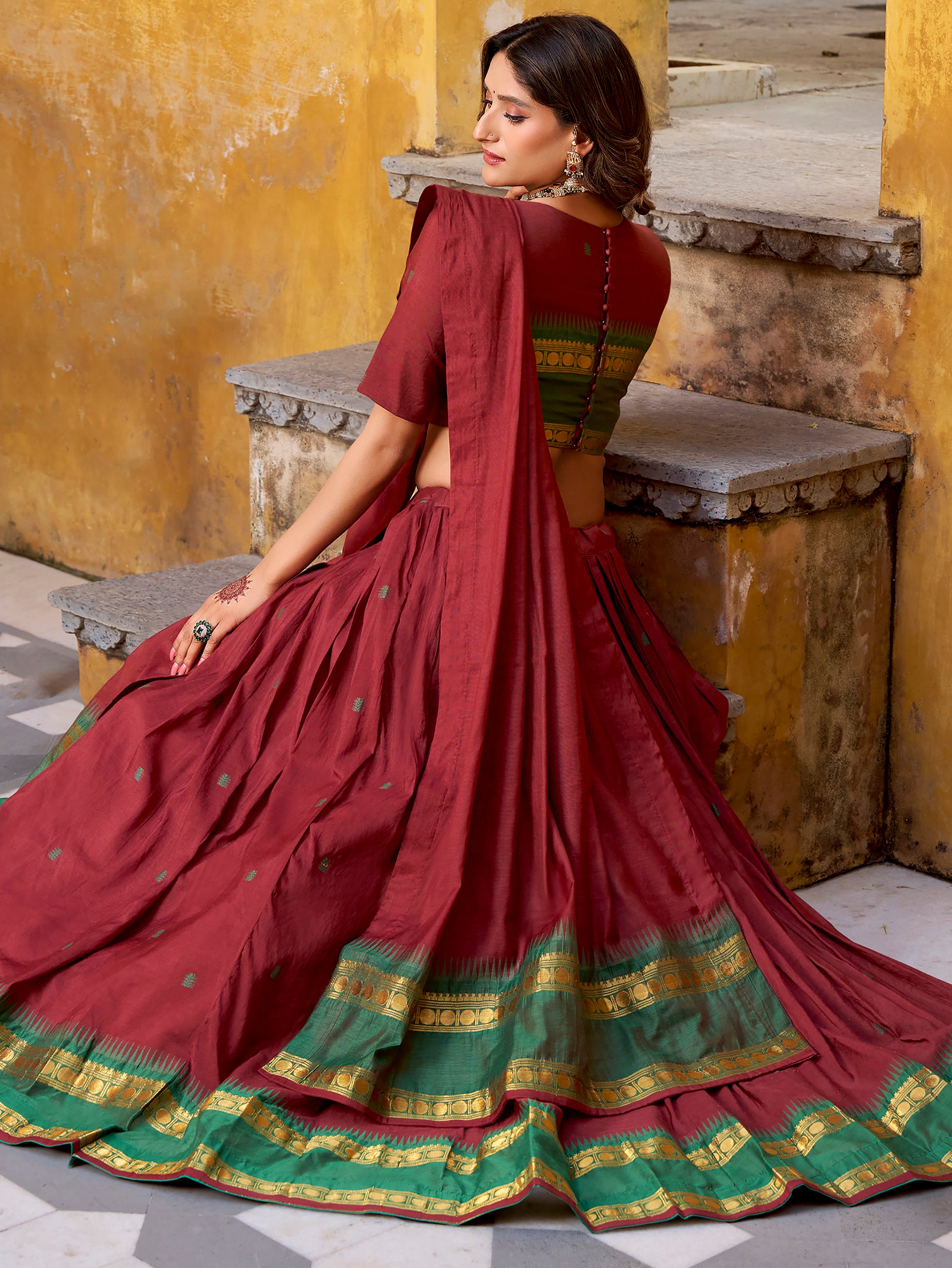 Fantastic Maroon Zari Weaving Chanderi Traditional Half Saree Lehenga