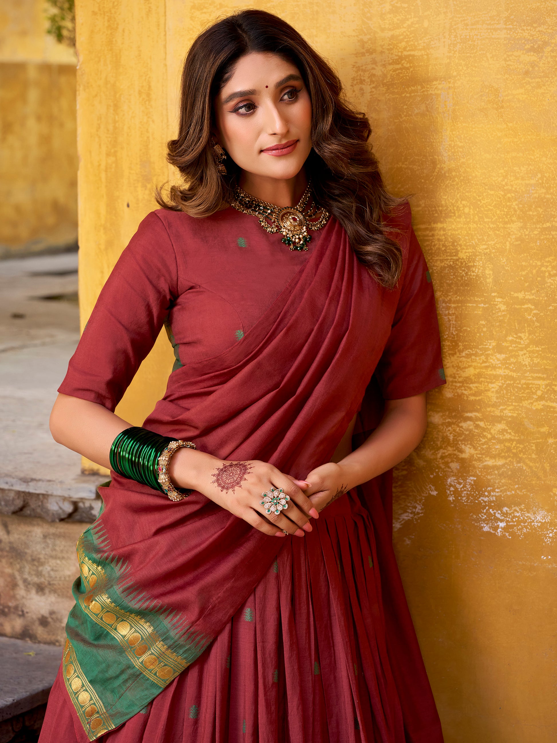 Fantastic Maroon Zari Weaving Chanderi Traditional Half Saree Lehenga