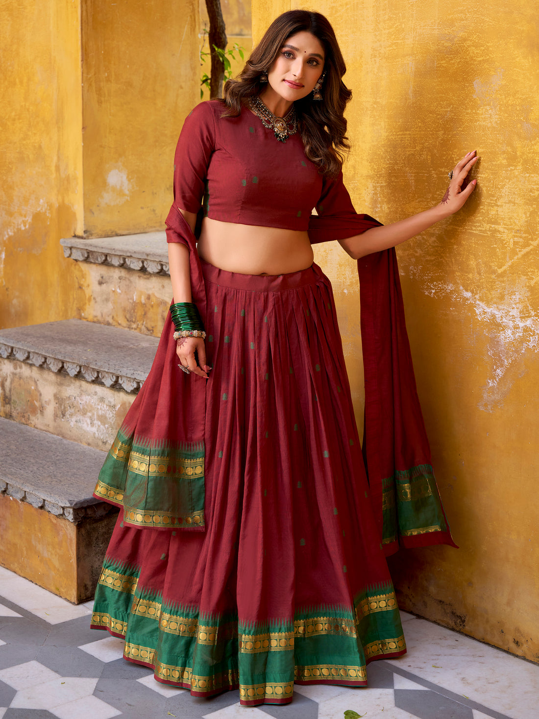 Fantastic Maroon Zari Weaving Chanderi Traditional Half Saree Lehenga