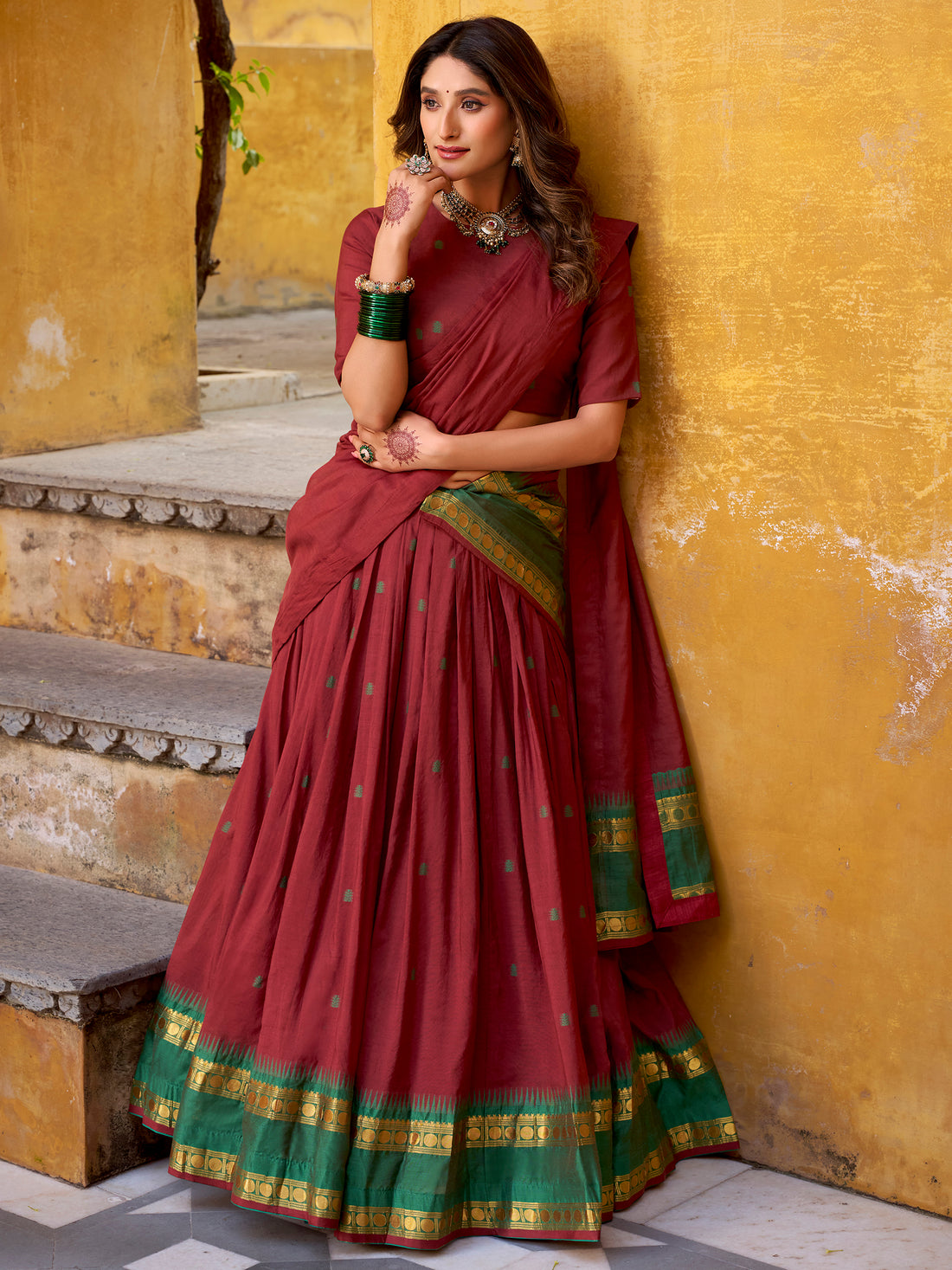 Fantastic Maroon Zari Weaving Chanderi Traditional Half Saree Lehenga