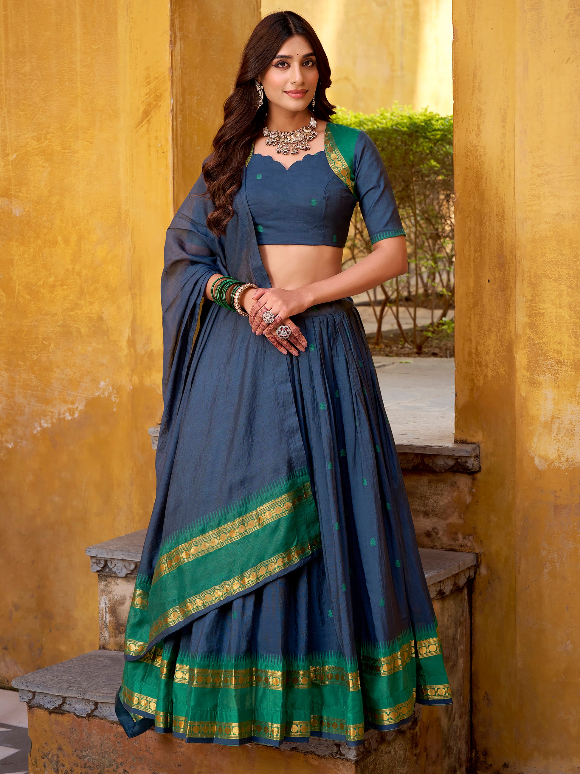 Elegant Navy Blue Zari Weaving Chanderi Festival Wear Half Saree Lehenga