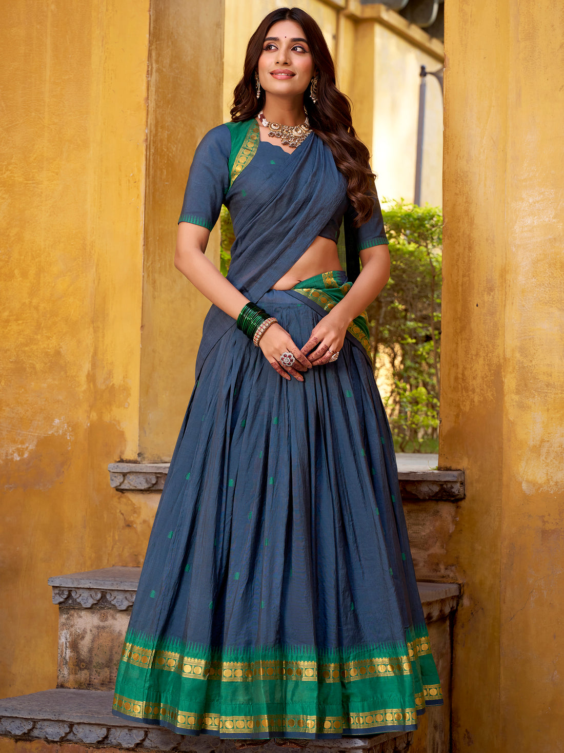 Elegant Navy Blue Zari Weaving Chanderi Festival Wear Half Saree Lehenga