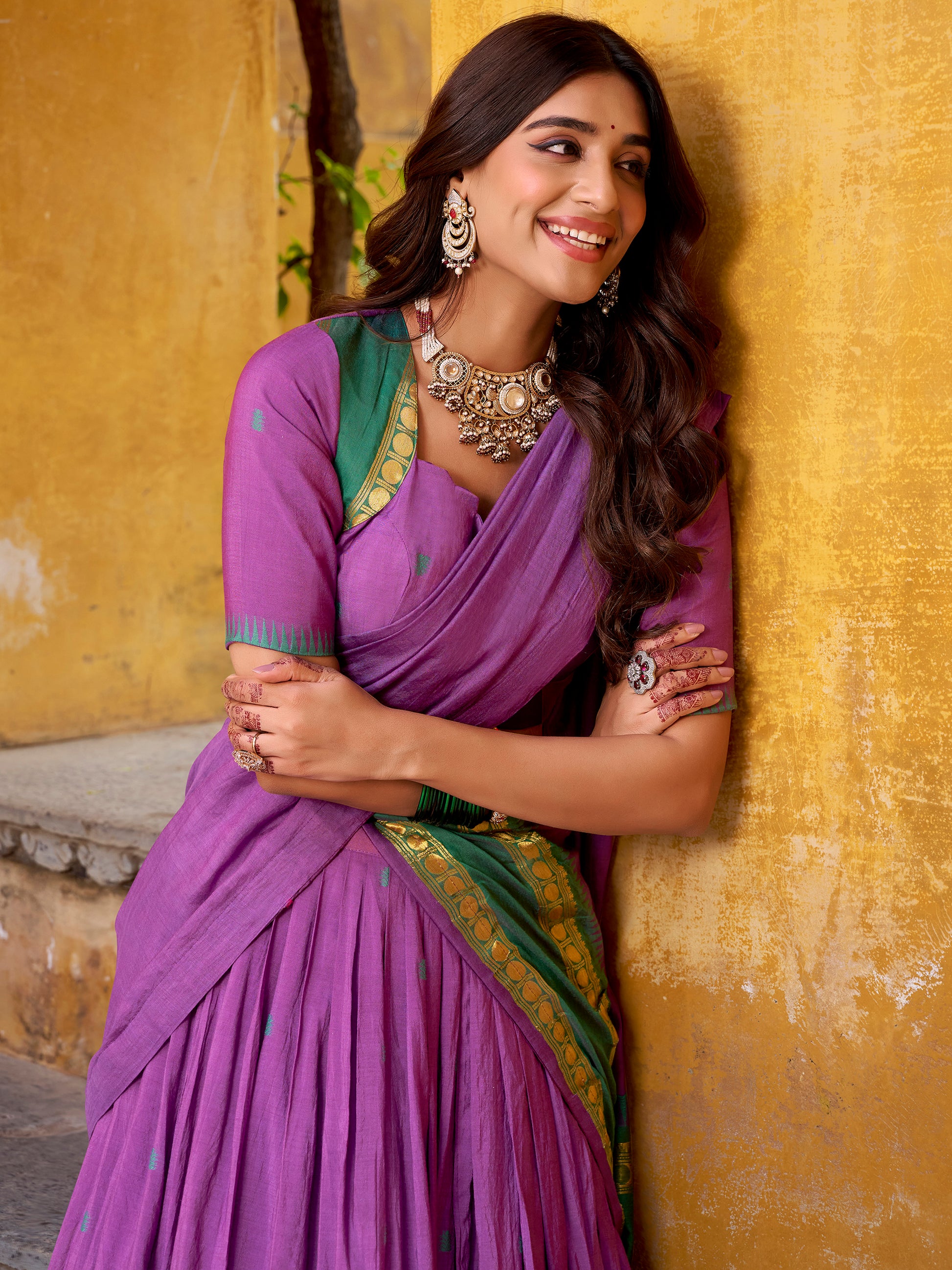 Stunning Purple Zari Weaving Chanderi Traditional Half Saree Lehenga