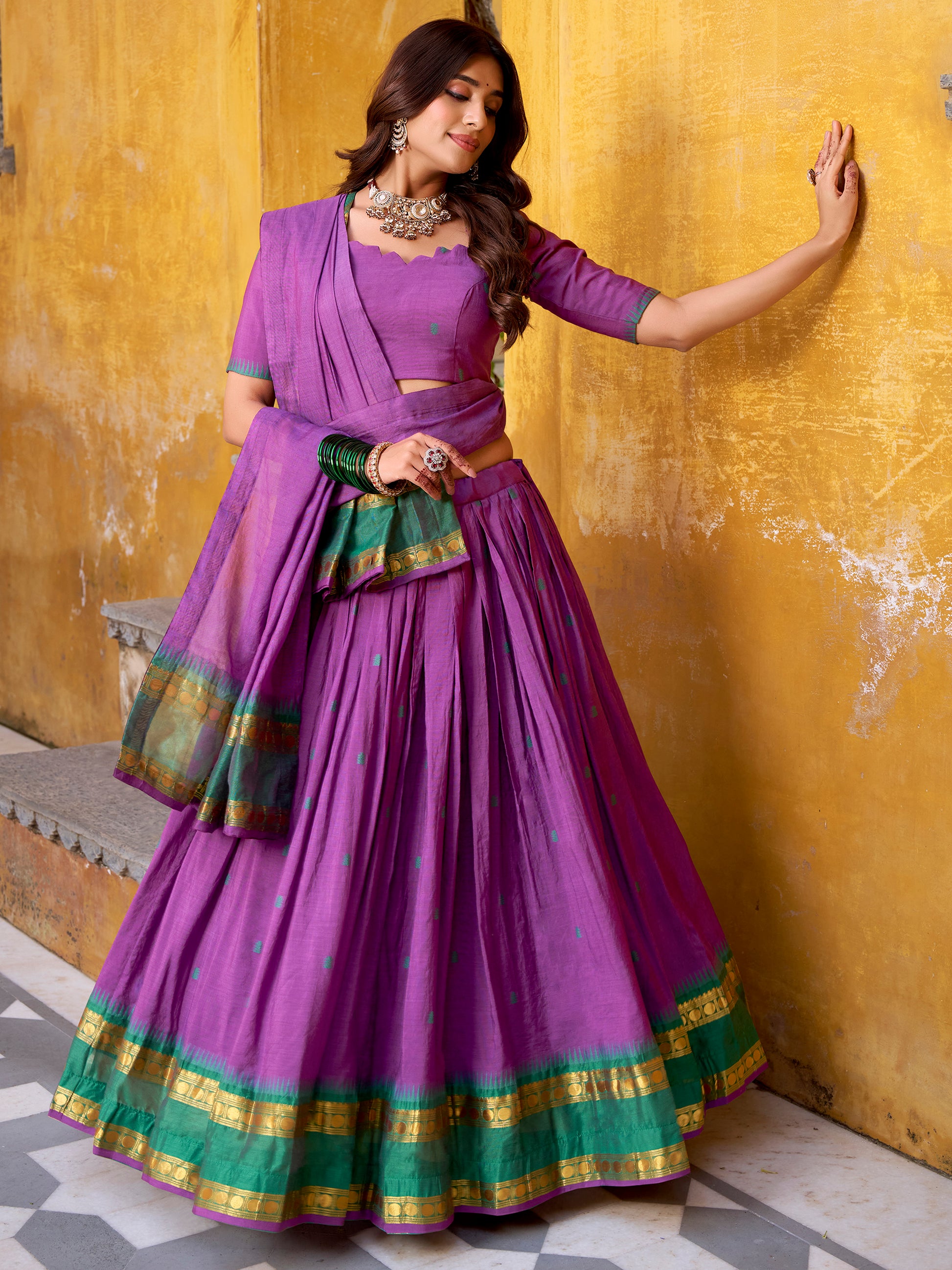 Stunning Purple Zari Weaving Chanderi Traditional Half Saree Lehenga