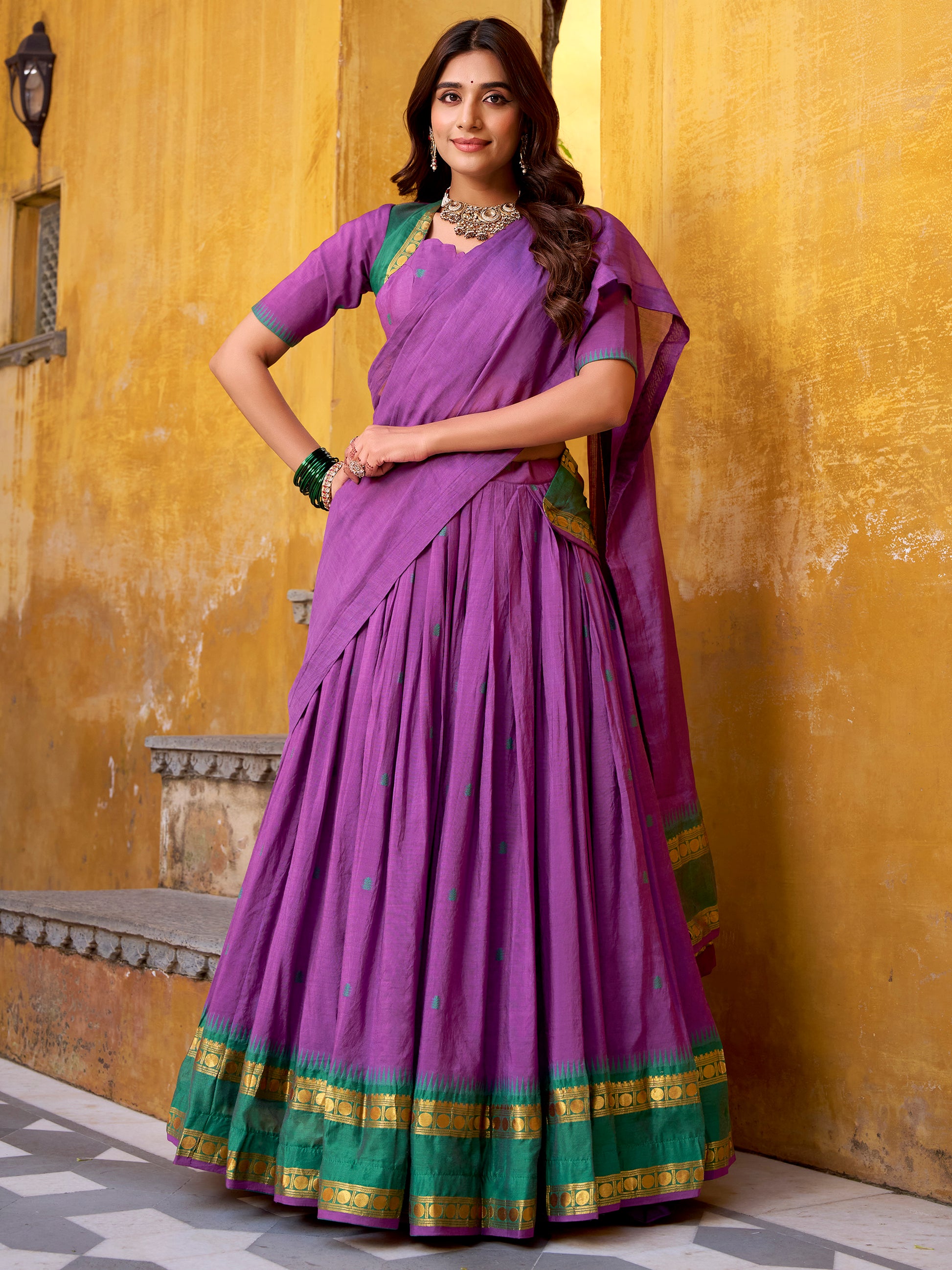 Stunning Purple Zari Weaving Chanderi Traditional Half Saree Lehenga