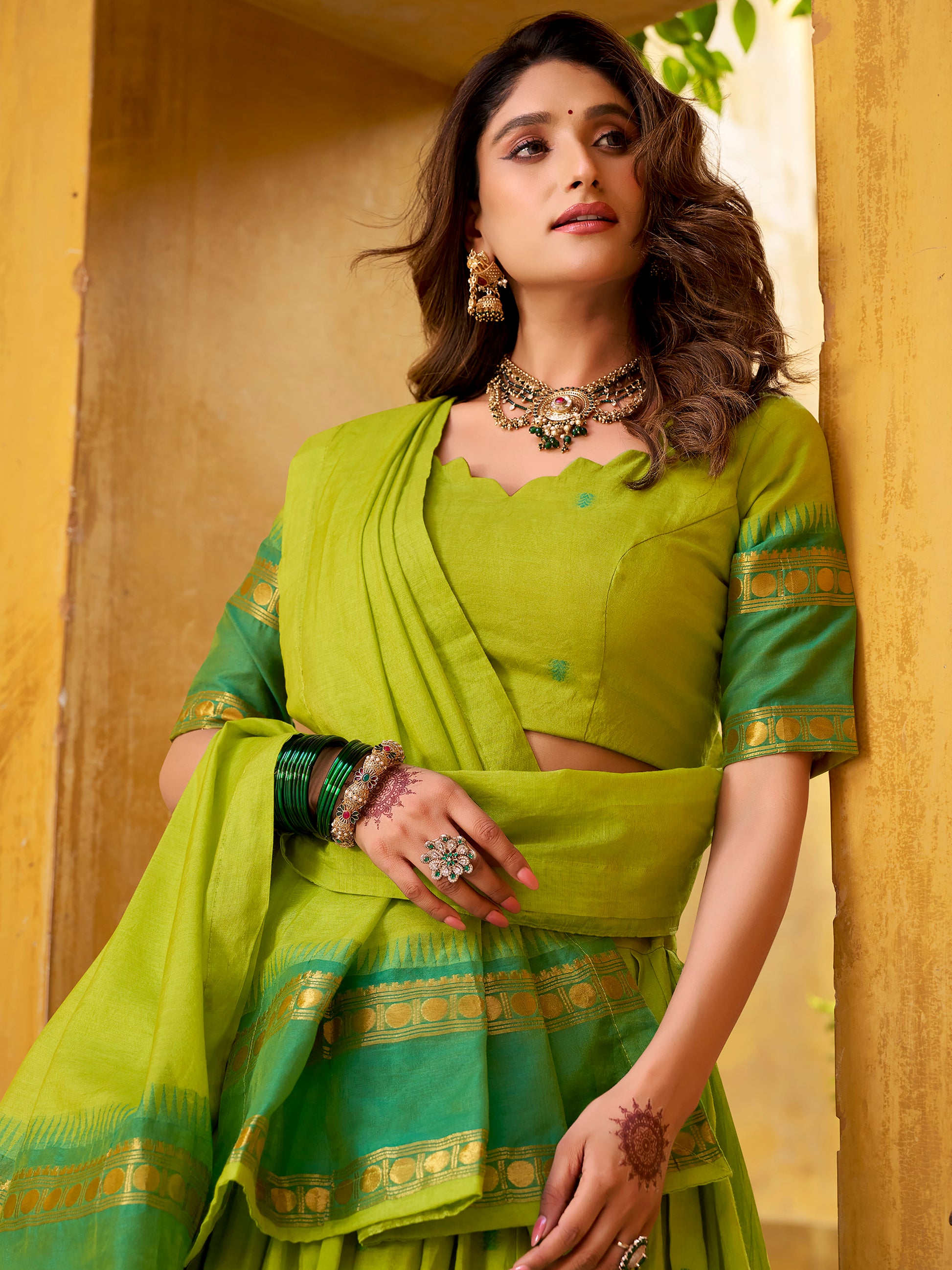 Sparkling Green Zari Weaving Chanderi Function Wear Half Saree Lehenga
