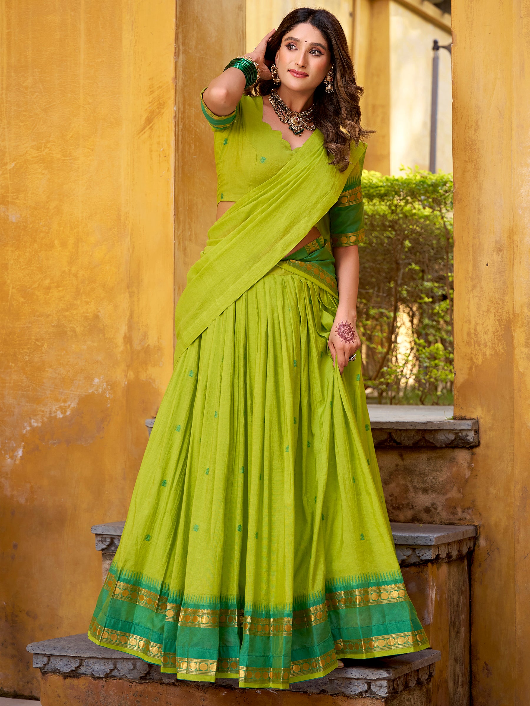 Sparkling Green Zari Weaving Chanderi Function Wear Half Saree Lehenga