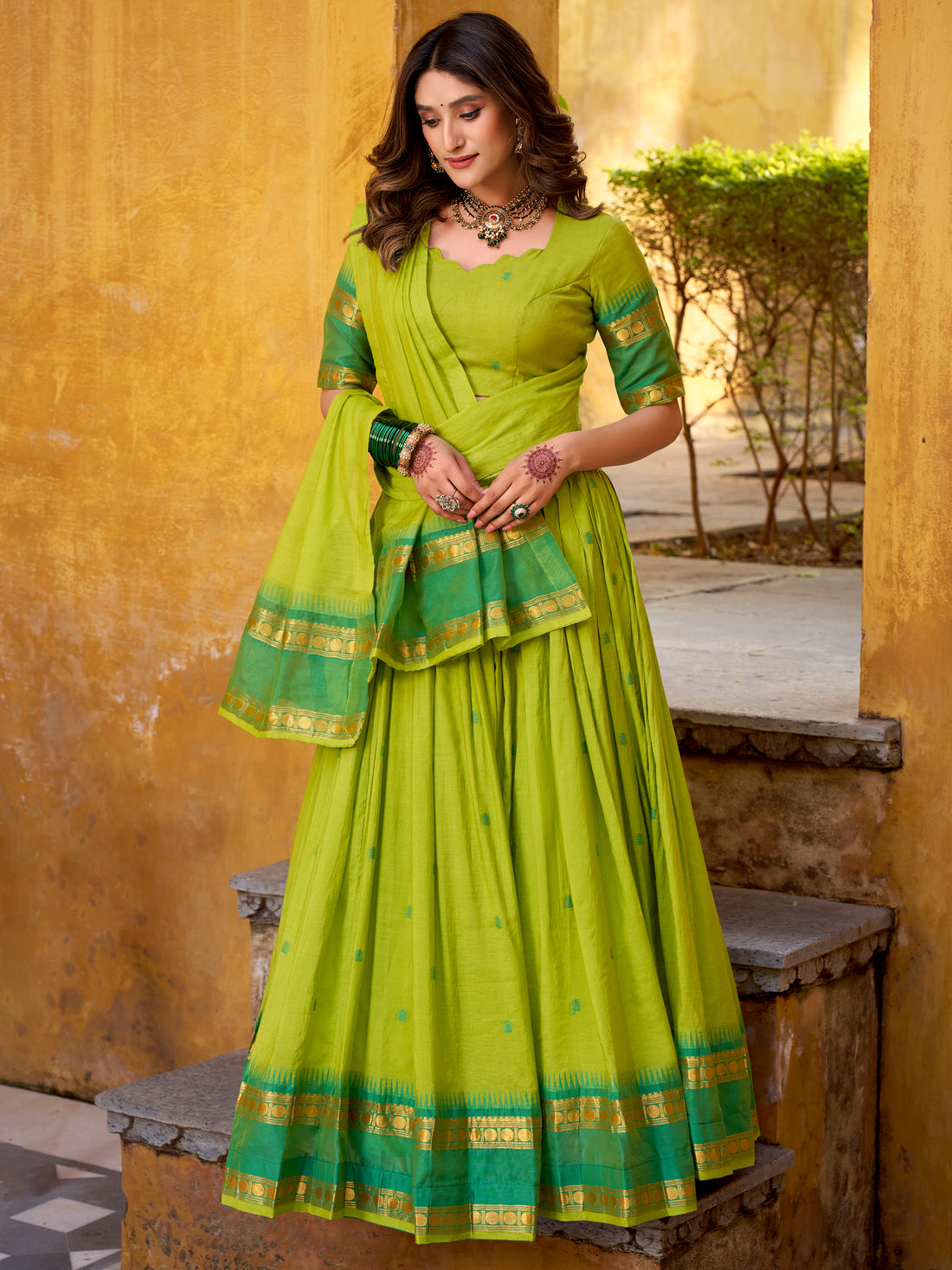 Sparkling Green Zari Weaving Chanderi Function Wear Half Saree Lehenga