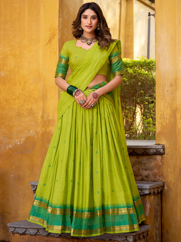 Sparkling Green Zari Weaving Chanderi Function Wear Half Saree Lehenga