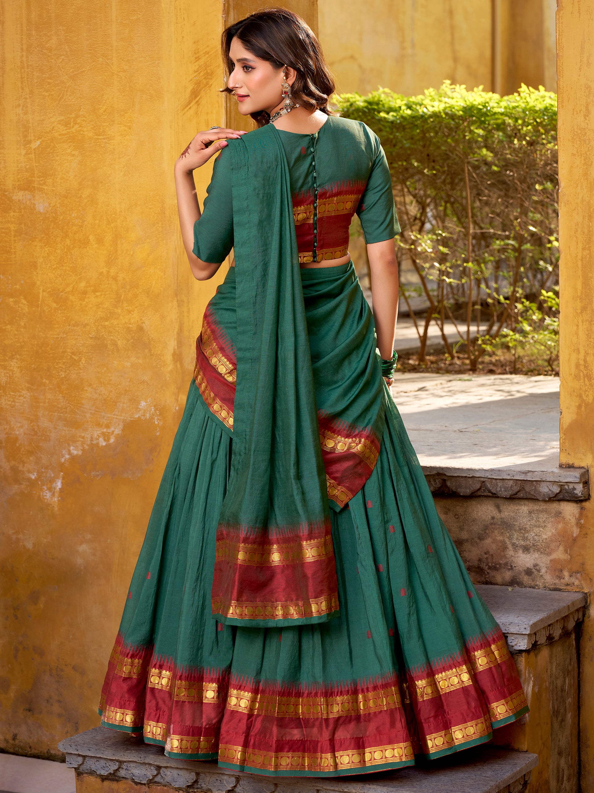Fabulous Teal Green Zari Weaving Chanderi Mehendi Wear Half Saree Lehenga