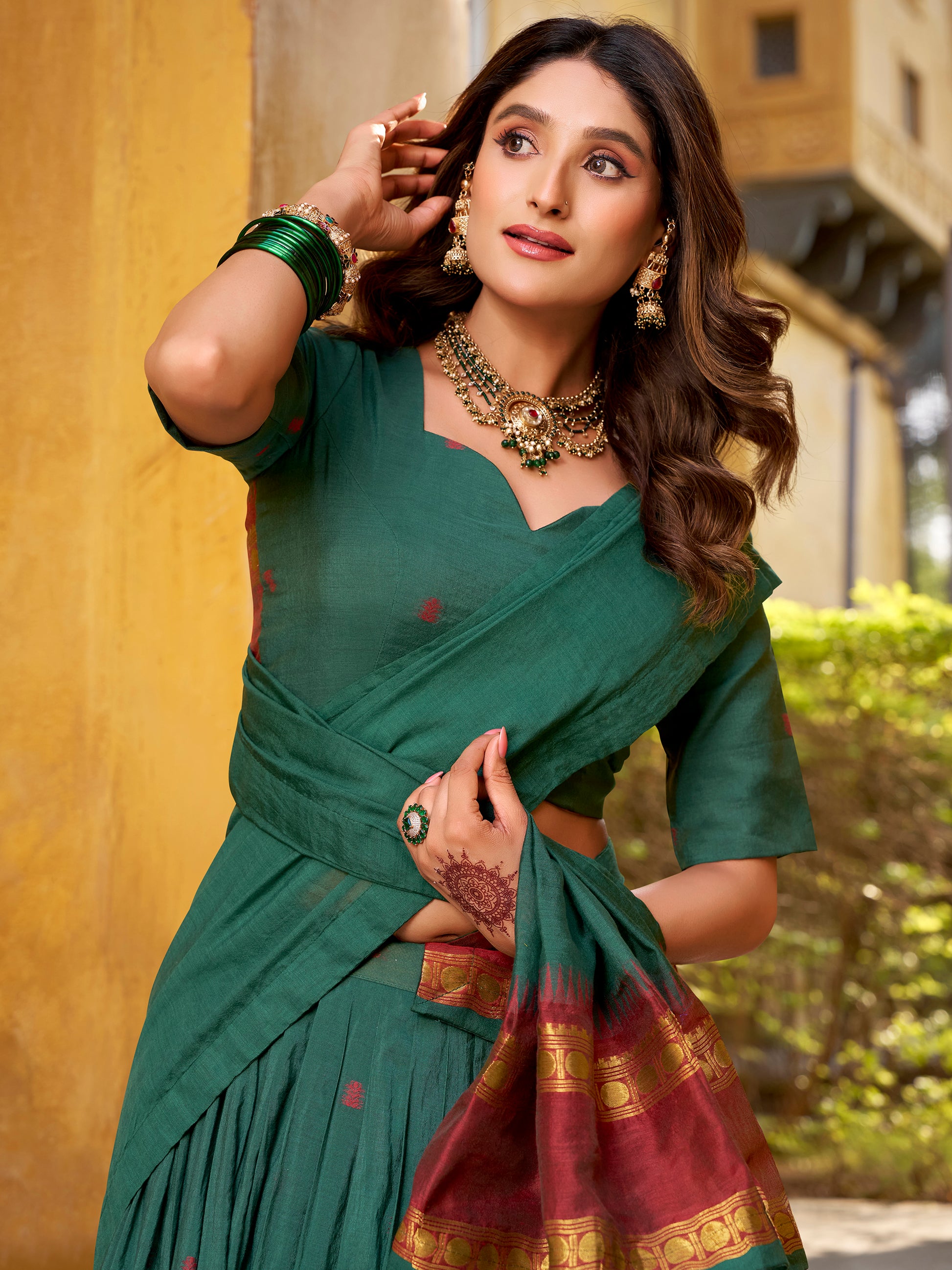 Fabulous Teal Green Zari Weaving Chanderi Mehendi Wear Half Saree Lehenga