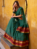 Fabulous Teal Green Zari Weaving Chanderi Mehendi Wear Half Saree Lehenga