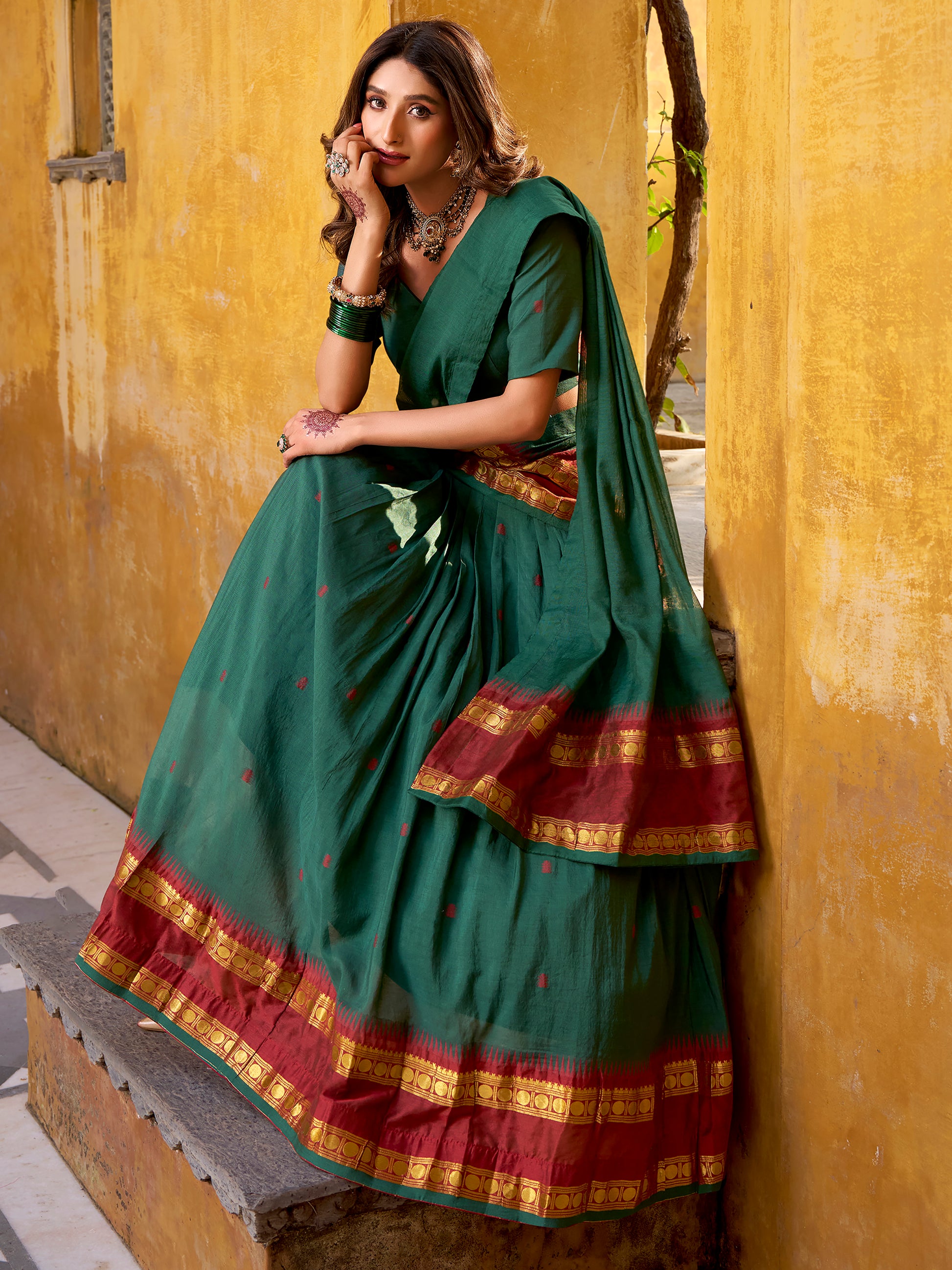 Fabulous Teal Green Zari Weaving Chanderi Mehendi Wear Half Saree Lehenga
