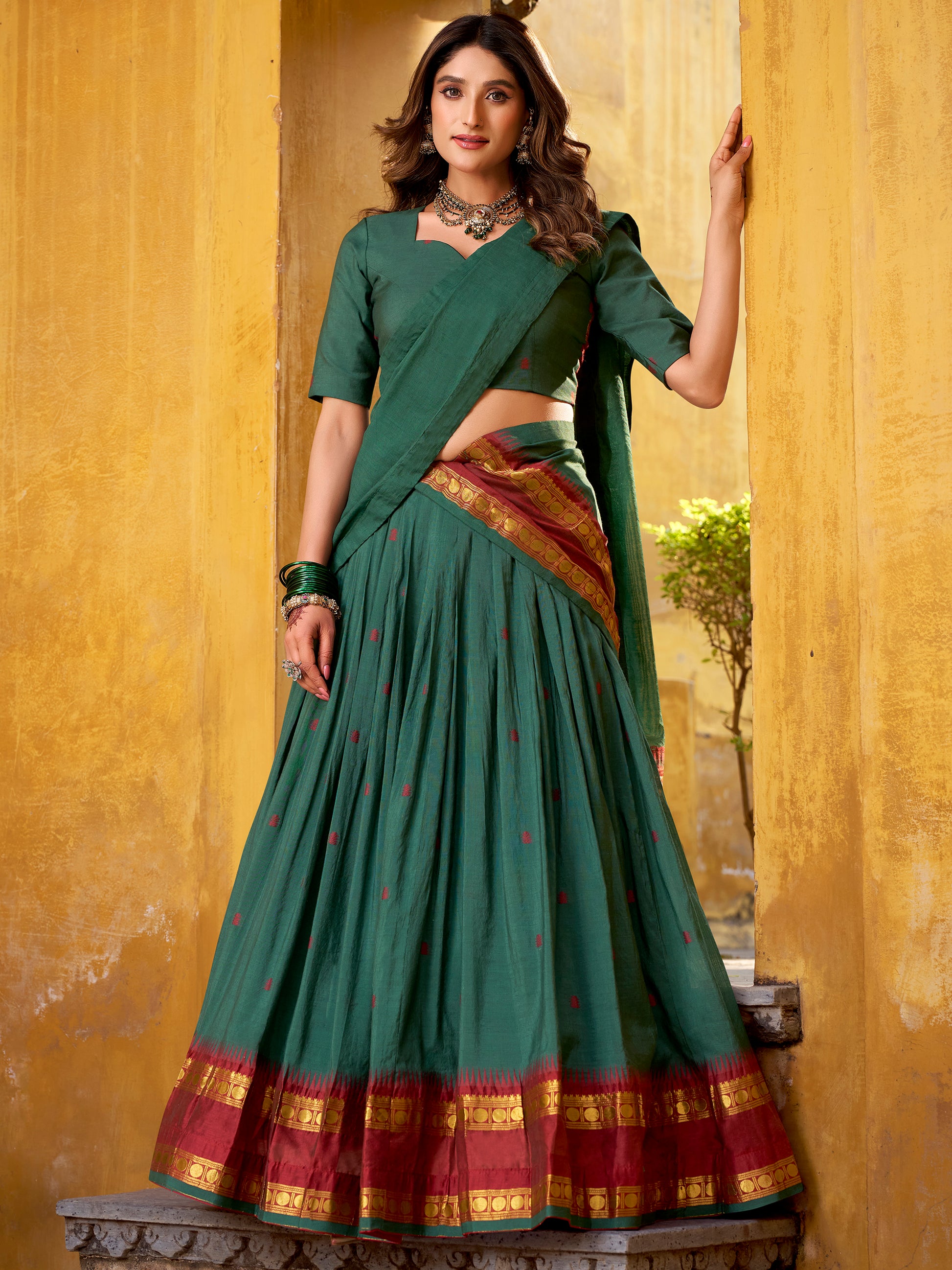 Fabulous Teal Green Zari Weaving Chanderi Mehendi Wear Half Saree Lehenga