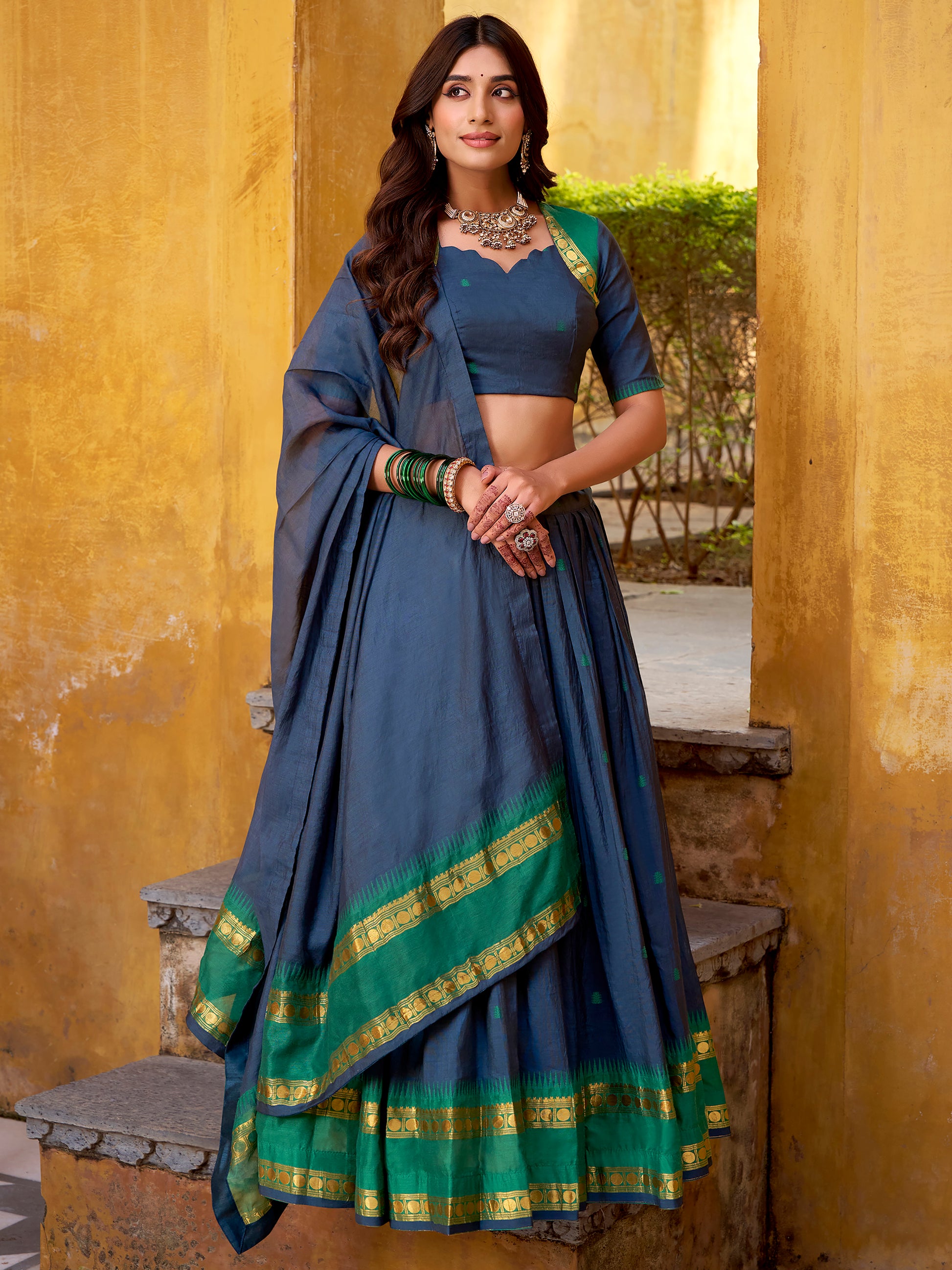 Elegant Navy Blue Zari Weaving Chanderi Festival Wear Half Saree Lehenga