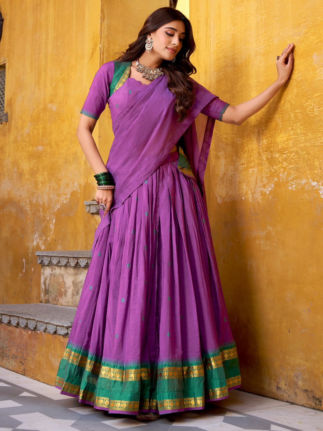 Stunning Purple Zari Weaving Chanderi Traditional Half Saree Lehenga