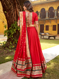 Awesome Red Zari Weaving Chanderi Wedding Wear Half Saree Lehenga With Dupatta