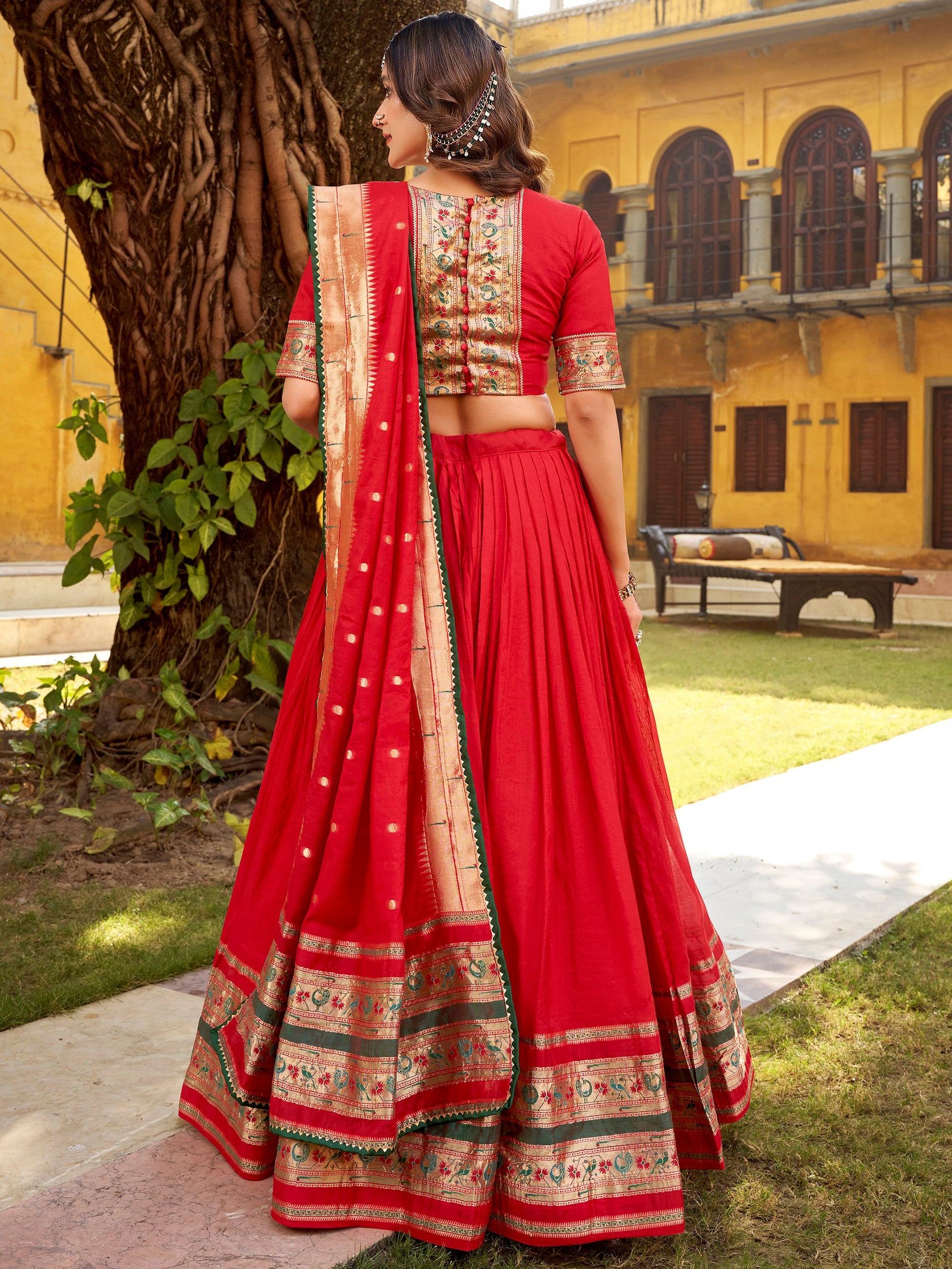 Awesome Red Zari Weaving Chanderi Wedding Wear Half Saree Lehenga With Dupatta