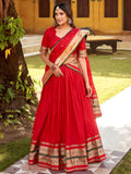 Awesome Red Zari Weaving Chanderi Wedding Wear Half Saree Lehenga With Dupatta