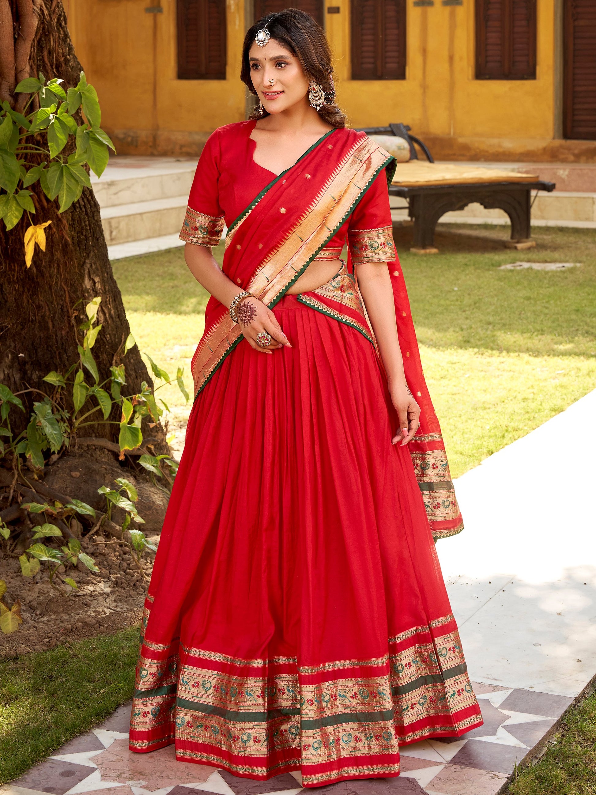 Awesome Red Zari Weaving Chanderi Wedding Wear Half Saree Lehenga With Dupatta
