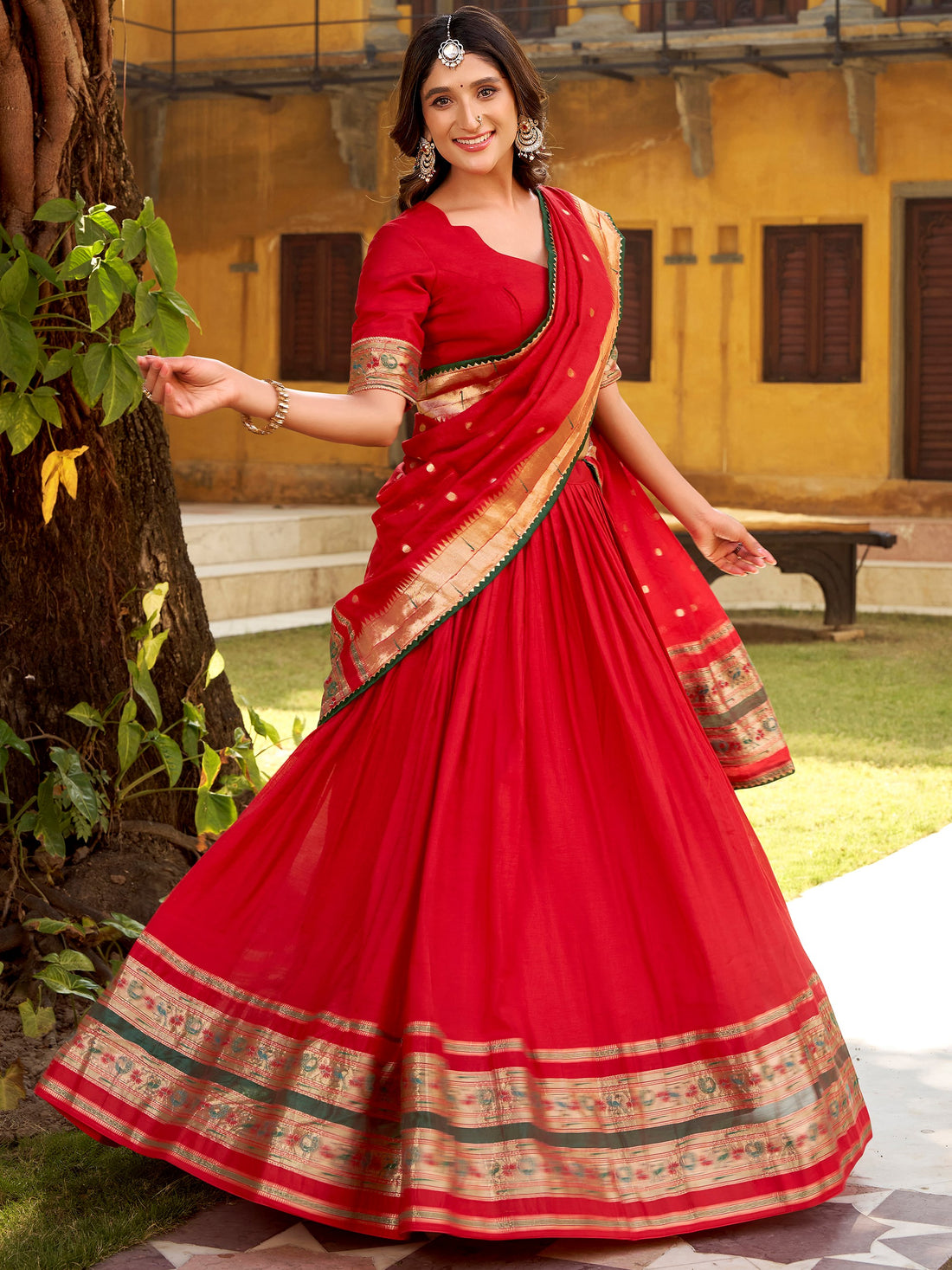 Awesome Red Zari Weaving Chanderi Wedding Wear Half Saree Lehenga With Dupatta
