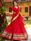 Awesome Red Zari Weaving Chanderi Wedding Wear Half Saree Lehenga With Dupatta