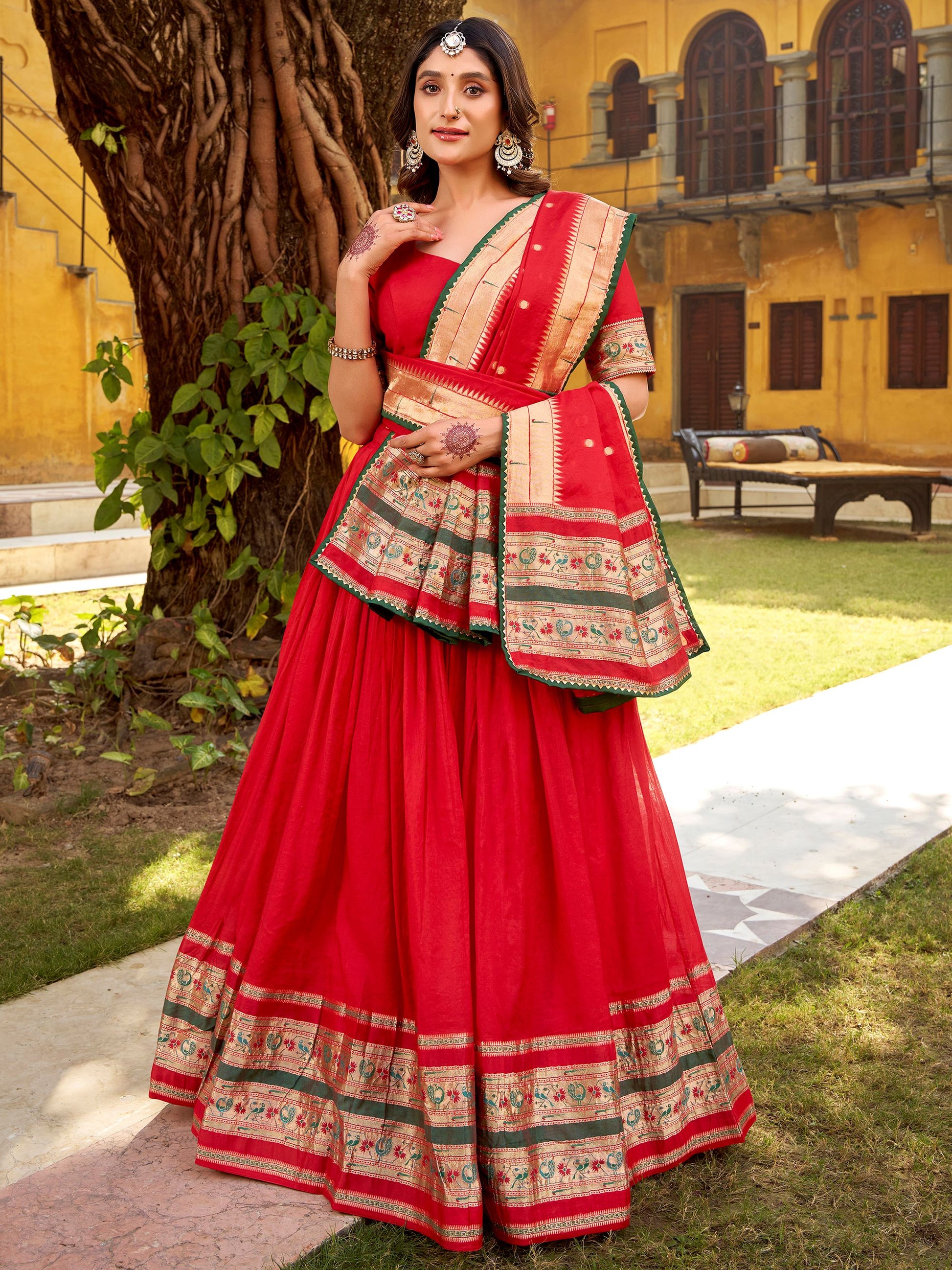 Awesome Red Zari Weaving Chanderi Wedding Wear Half Saree Lehenga With Dupatta