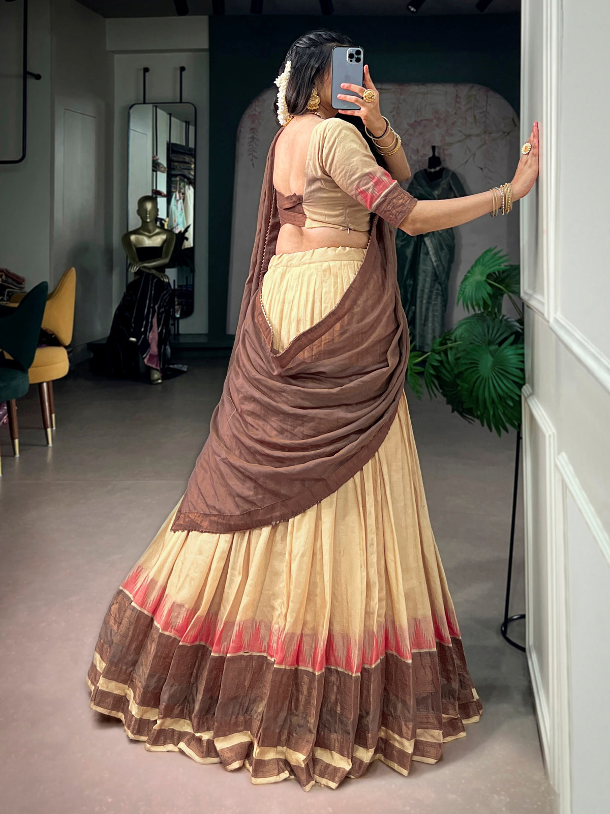 Ethnic Cream Zari Woven Cotton Festive Wear Half Saree Lehenga