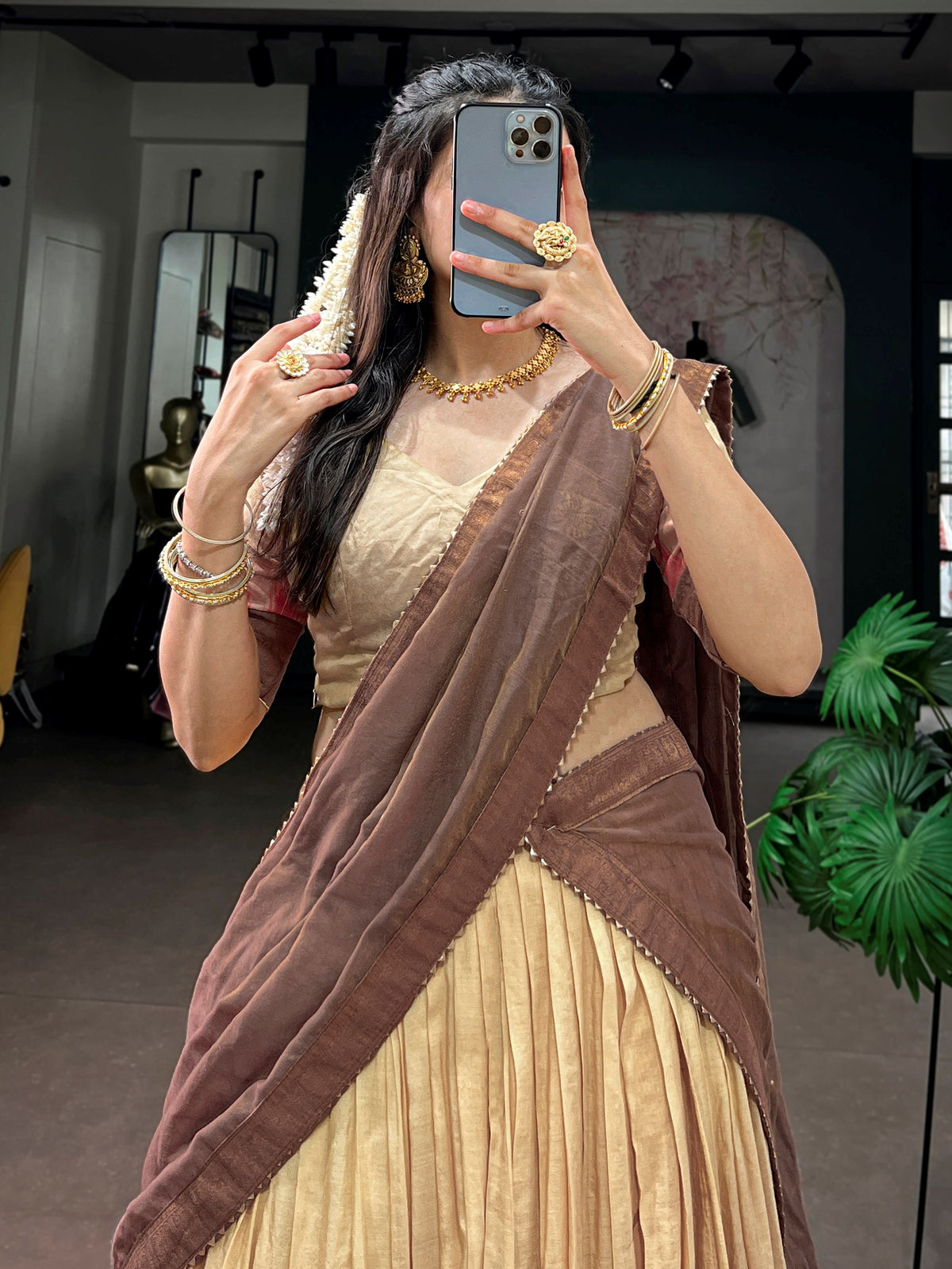 Ethnic Cream Zari Woven Cotton Festive Wear Half Saree Lehenga