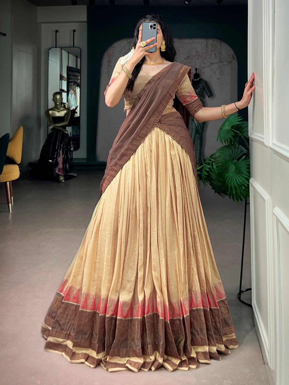 Ethnic Cream Zari Woven Cotton Festive Wear Half Saree Lehenga