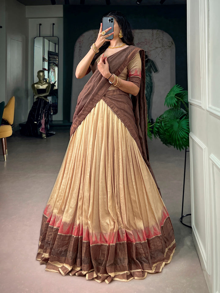 Ethnic Cream Zari Woven Cotton Festive Wear Half Saree Lehenga