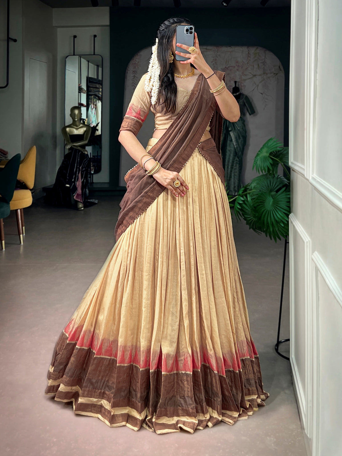 Ethnic Cream Zari Woven Cotton Festive Wear Half Saree Lehenga