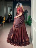 Rich Maroon Zari Woven  Cotton Function Wear Half Saree Lehenga