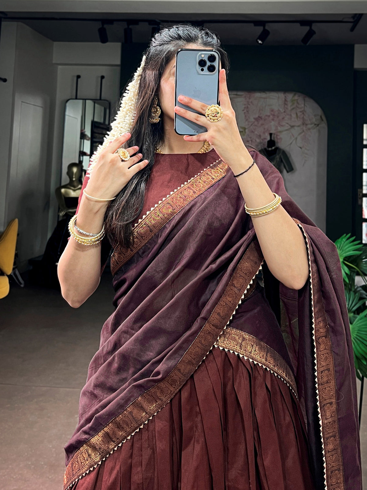 Rich Maroon Zari Woven  Cotton Function Wear Half Saree Lehenga